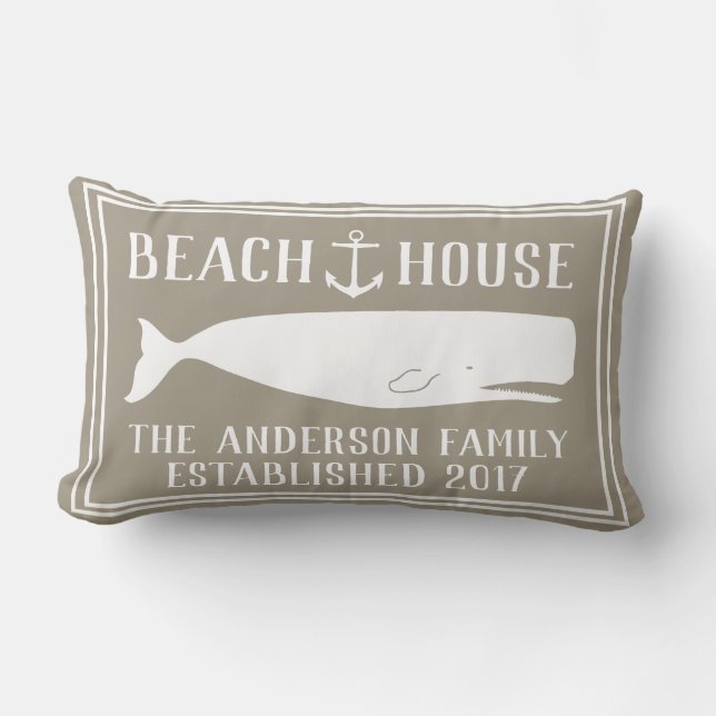 Coastal Beach House Anchor & Whale Family Name Lumbar Pillow (Front)