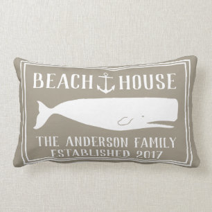 Coastal Beach House Anchor & Whale Family Name Lumbar Pillow