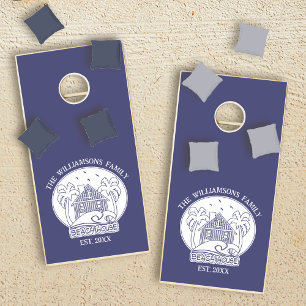 Coastal Beach House Blue and White Family Name Cornhole Set
