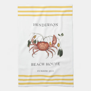 Coastal Beach House Crab Custom Name Kitchen Towel