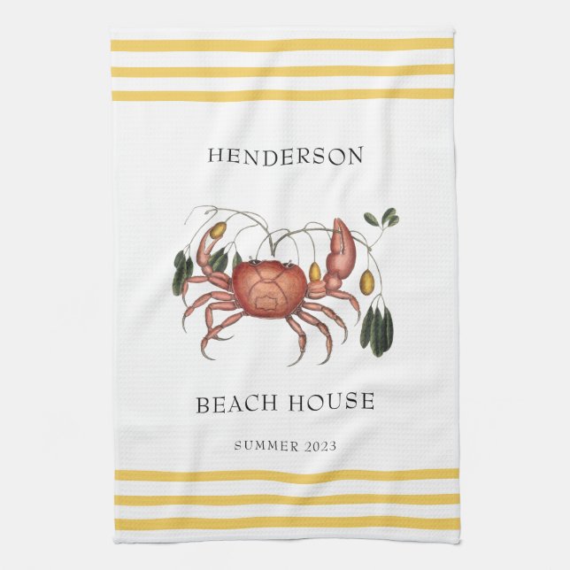 Coastal Beach House Crab Custom Name    Kitchen Towel (Vertical)