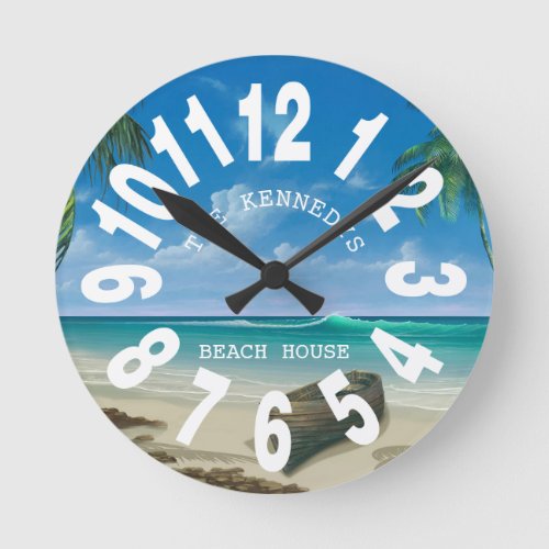 Coastal Beach House Family Name Large numbers Round Clock