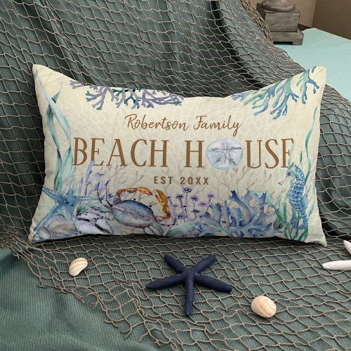Coastal Beach House Family Name Lumbar Pillow
