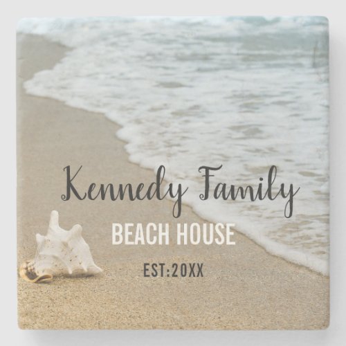 Coastal Beach House Family Name Personalized Stone Coaster