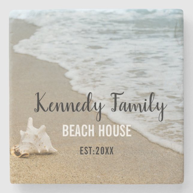 Coastal Beach House Family Name Personalized Stone Coaster (Front)