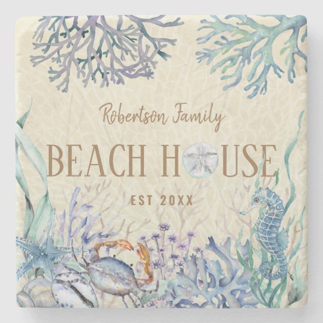 Coastal Beach House Family Name Stone Coaster (Front)
