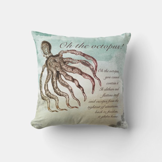 Coastal Beach House Octopus Quote Throw Pillow (Front)