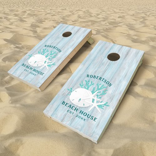 Coastal Beach House Rustic Wood Family Name Cornhole Set