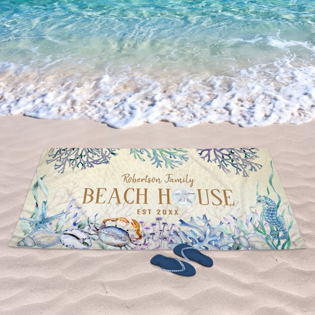 Coastal Beach House Sea Life Family Name Towel (Creator Uploaded)