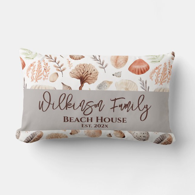 Coastal Beach House Seaside Shells Lumbar Pillow (Front)