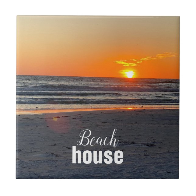Coastal Beach House Sunset Photo Ceramic Tile (Front)