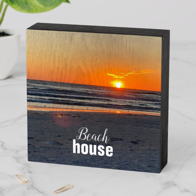 Coastal Beach House Sunset Photo Wooden Box Sign (In Situ Horizontal)
