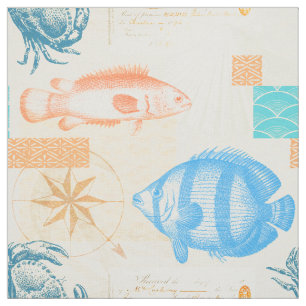 Coastal Beach House Vintage Fish and Shellfish Fabric