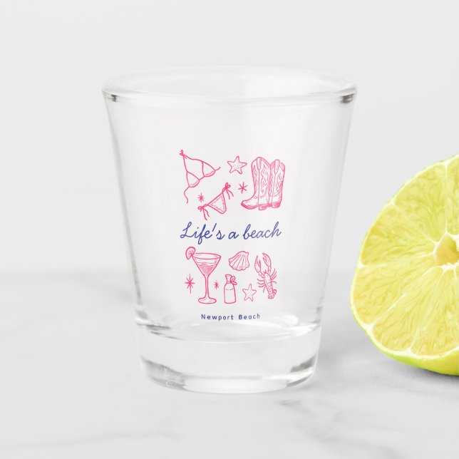 Coastal Beach Life Blue Pink Favorites Birthday Shot Glass (Front)