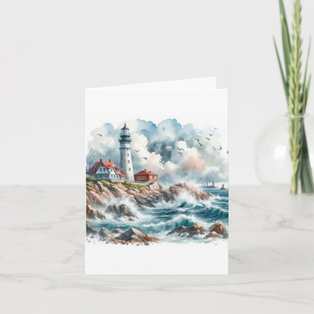 Coastal Beach Lighthouse Letterpress Thank You Card (Front)