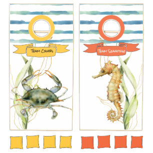 Coastal Beach Marine Life Crab & Seahorse Cornhole Set