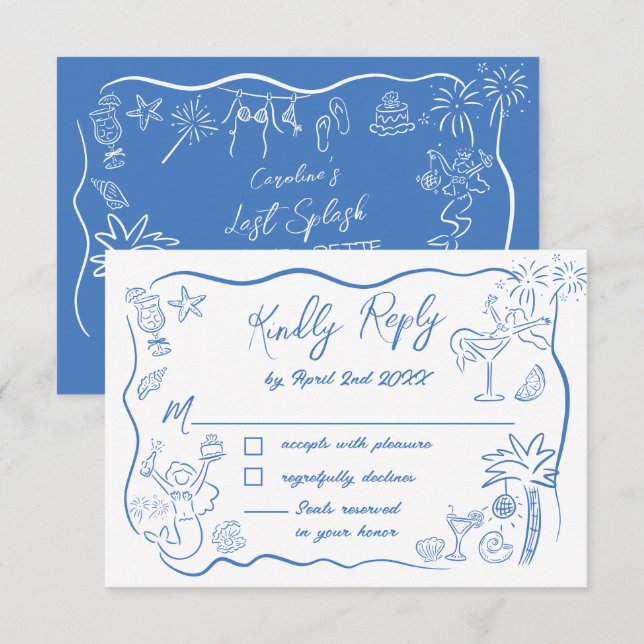 Coastal Beach Mermaid Doodles Bachelorette Weekend RSVP Card (Front/Back)