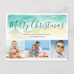 Coastal Beach Merry Christmas Photo Holiday Postcard<br><div class="desc">Send warm season's greetings with this beach-themed Christmas card. The coastal holiday photo card features a sea green watercolor wave upon a sandy shore. Editable text atop the wave reads "Merry Christmas" in blue-green calligraphy lettering. Three photos are located below the painted wave. To personalize, add your names and three...</div>