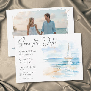 Coastal Beach Modern Watercolor Wedding Photo Save The Date