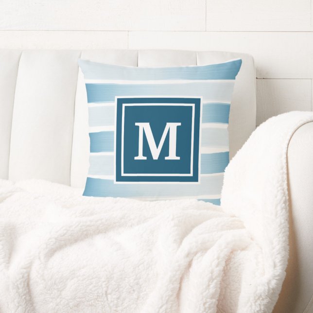 Coastal Beach Monogram Blue White Nautical Stripe Throw Pillow (Creator Uploaded)