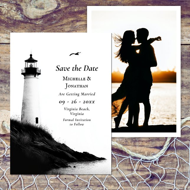 Coastal Beach Nautical Lighthouse Photo Wedding Save The Date (Coastal Beach Nautical Lighthouse Photo Wedding Save The Date)