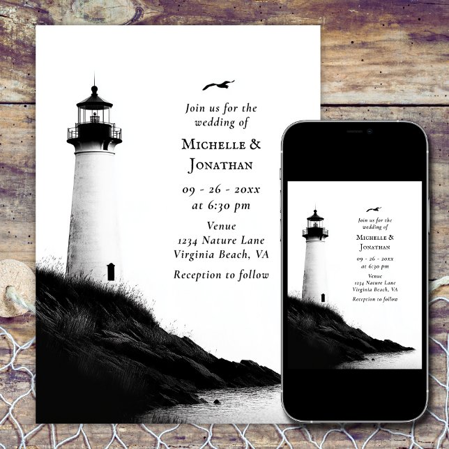 Coastal Beach Nautical Lighthouse Wedding Invitation (Coastal Beach Nautical Lighthouse Wedding Invitation)
