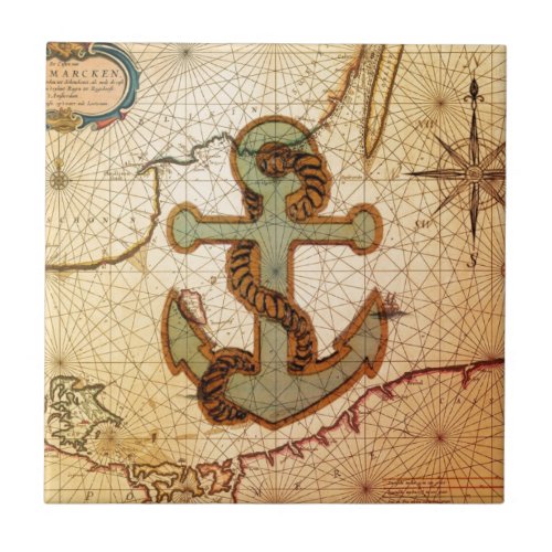 Coastal Beach Nautical Map vintage Anchor Ceramic Tile