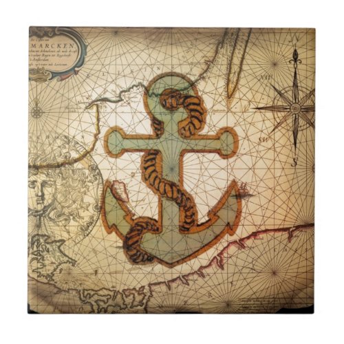 Coastal Beach Nautical Map vintage Anchor Ceramic Tile