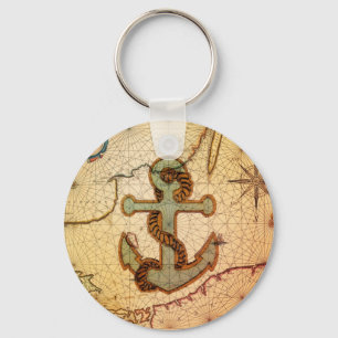 Coastal Beach Nautical Map vintage Anchor Keychain