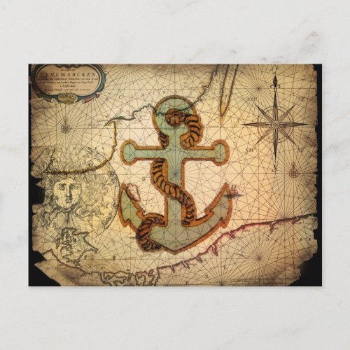 Coastal Beach Nautical Map vintage Anchor Postcard