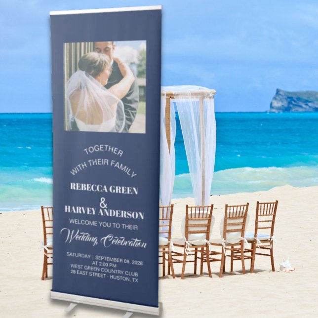 coastal beach nautical navy blue wedding reception retractable banner (coastal beach nautical navy blue wedding reception retractable banner)