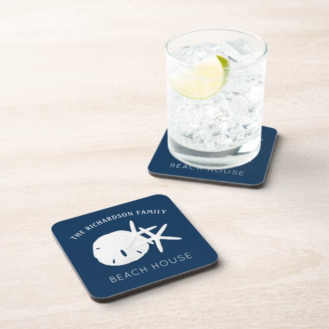 Coastal Beach Navy Blue Starfish Sand Dollar Beverage Coaster (Right Side)