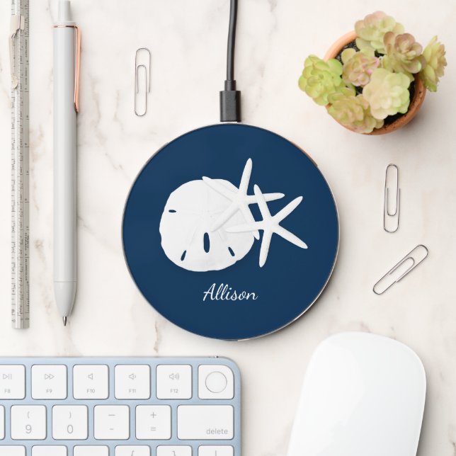 Coastal Beach Navy Blue Starfish Sand Dollar Wireless Charger (Desk)