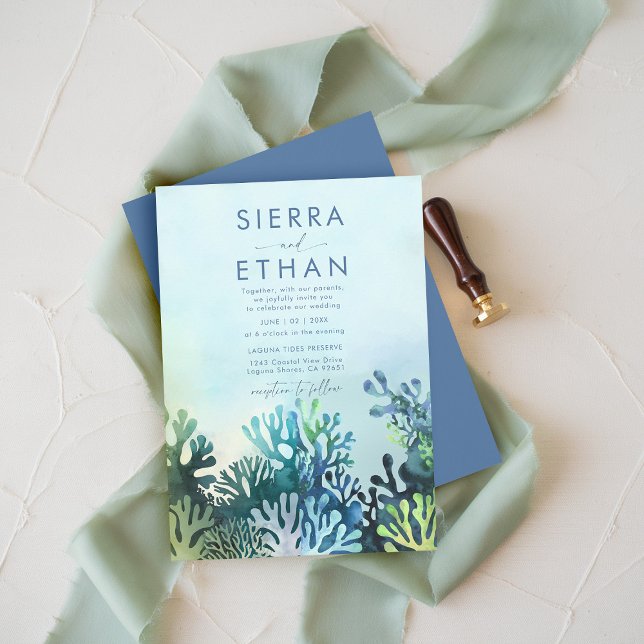Coastal Beach Ocean Blue Corals Modern Wedding Invitation (coastal wedding invitation ocean sea beach tropical coral blue teal green navy elegant modern chic)