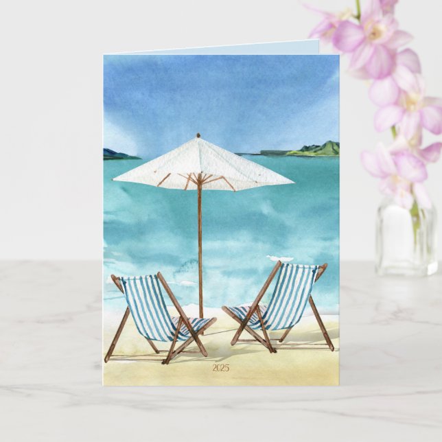 Coastal Beach Ocean Scene with Beach Chairs Card (Orchid)