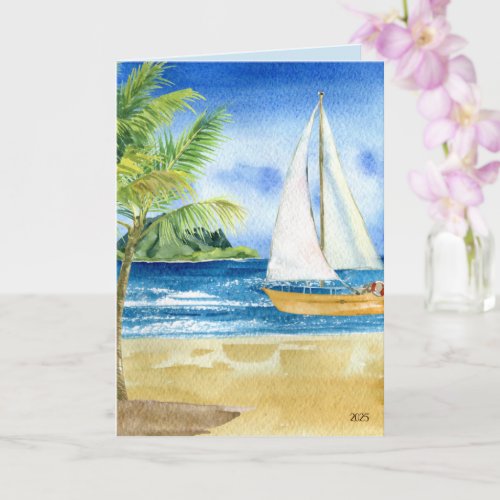 Coastal Beach Ocean Scene with Sailboat Card