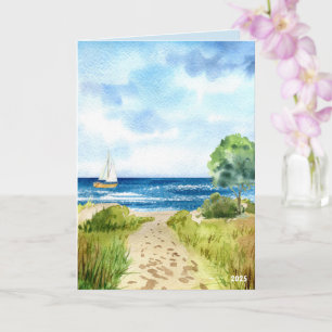 Coastal Beach Ocean Scene with Sailboat Shoreline  Card