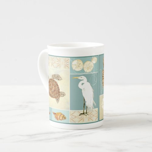 Coastal Beach Ocean Seashore Collage Sea Turtle Bone China Mug