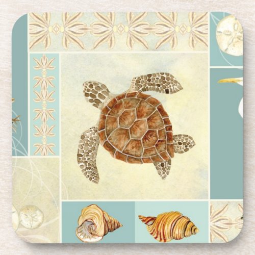 Coastal Beach Ocean Seashore Collage Sea Turtle Coaster