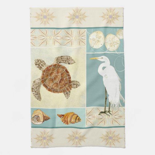 Coastal Beach Ocean Seashore Collage Sea Turtle Kitchen Towel