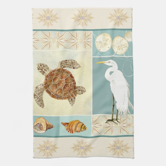 Coastal Beach Ocean Seashore Collage Sea Turtle Kitchen Towel (Vertical)