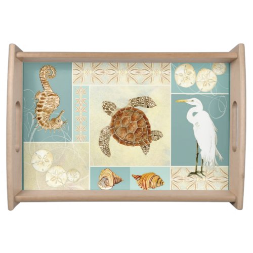 Coastal Beach Ocean Seashore Collage Sea Turtle Serving Tray