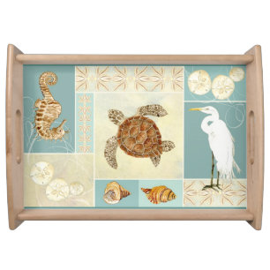 Coastal Beach Ocean Seashore Collage Sea Turtle Serving Tray
