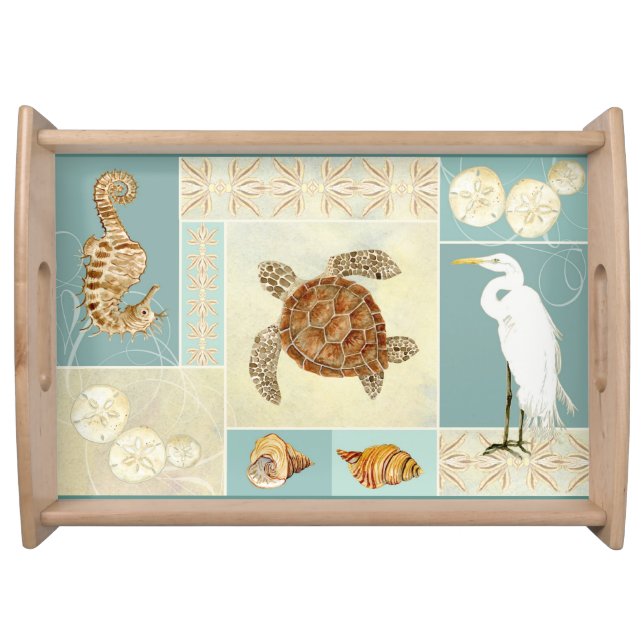 Coastal Beach Ocean Seashore Collage Sea Turtle Serving Tray (Front)