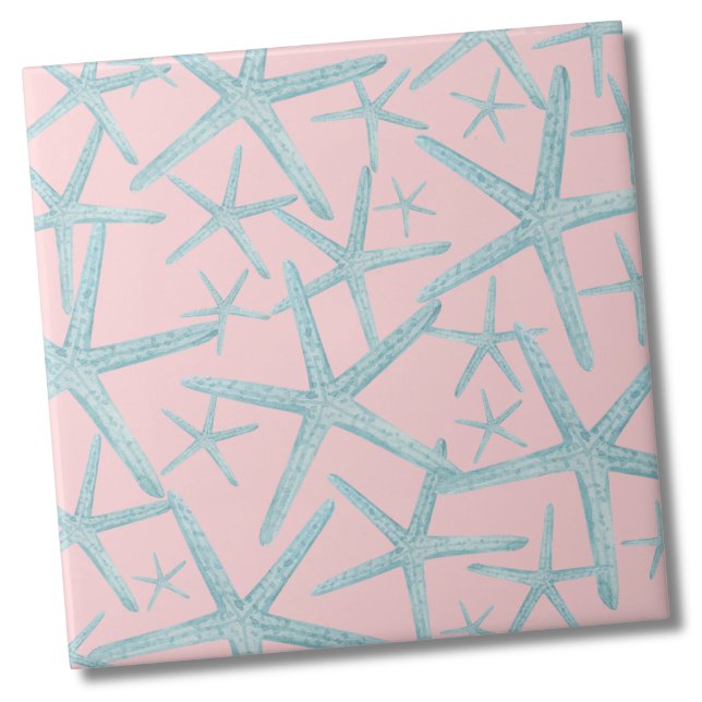 Coastal Beach Pattern Ceramic Tile (Blush Pink Teal Nautical Starfish Beach Pattern Ceramic Tile)
