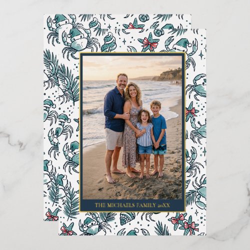 Coastal Beach Pattern Family Photo Christmas Foil Holiday Card