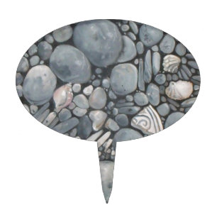Coastal Beach Pebbles and Shells Painting Print Cake Topper