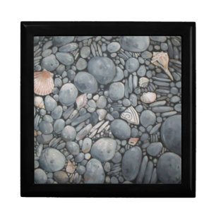 Coastal Beach Pebbles and Shells Painting Print Jewelry Box