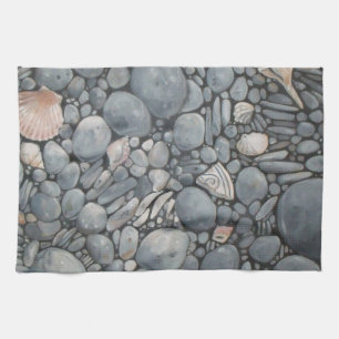 Coastal Beach Pebbles and Shells Painting Print Kitchen Towel