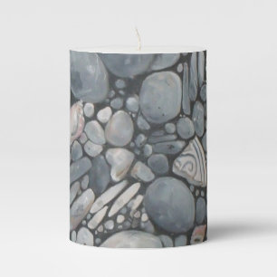 Coastal Beach Pebbles and Shells Painting Print Pillar Candle